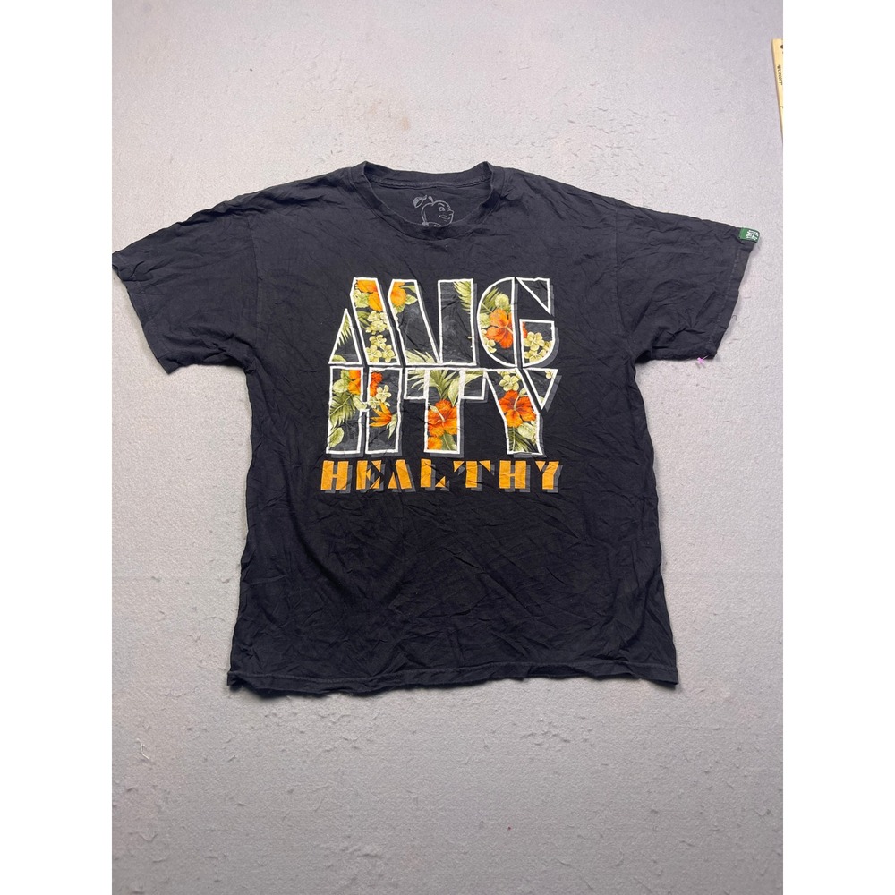 Mighty Healthy T-Shirt 100% Cotton Black Floral Graphic Large Mens